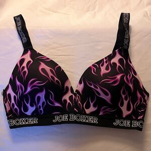 Joe Boxer Flame Print Push Up Bra Black and Pink 36C Wireless Y2K Logo